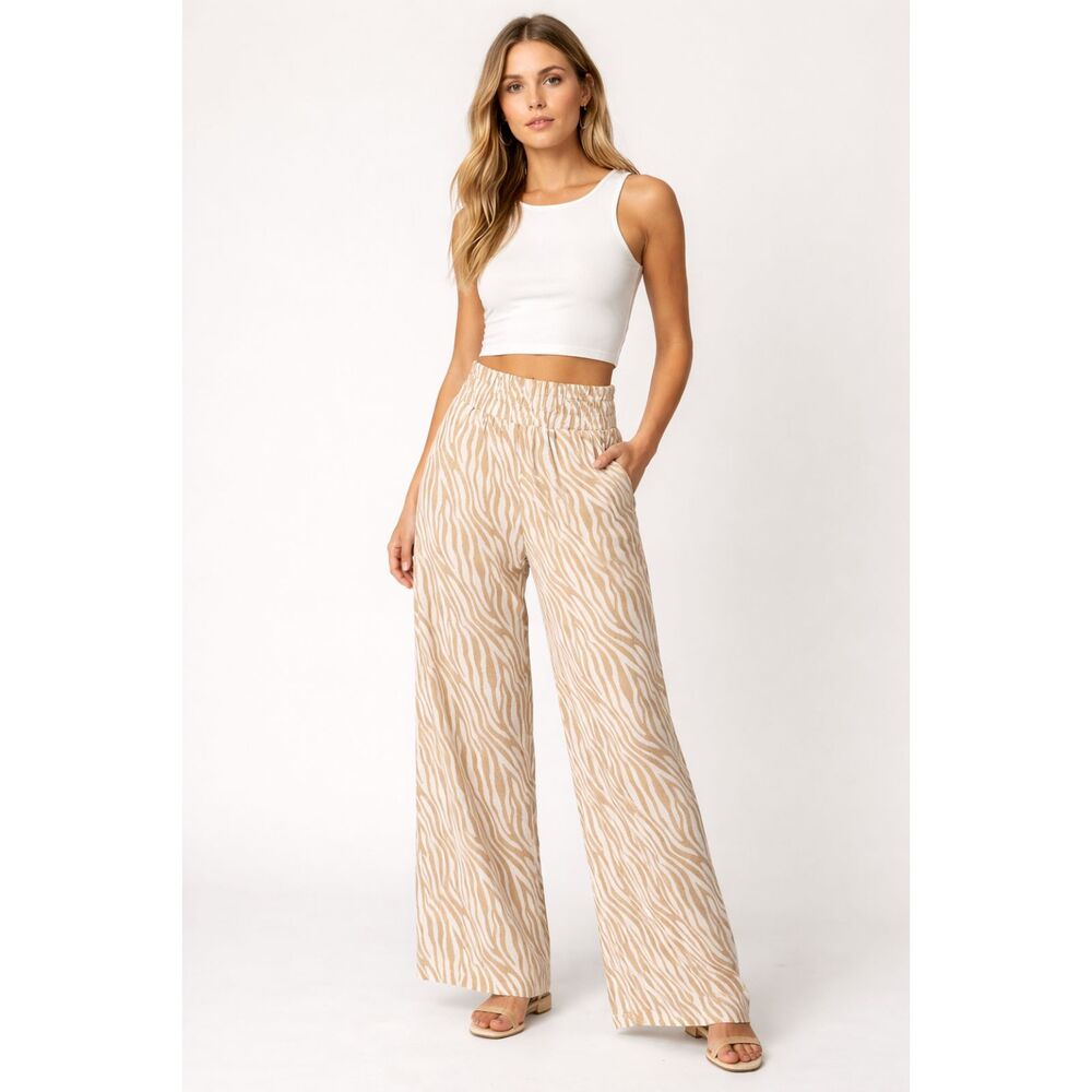 Sincerely Jules Zebra Print Linen Wide Leg Pants High Rise Elastic Waist S Boho
